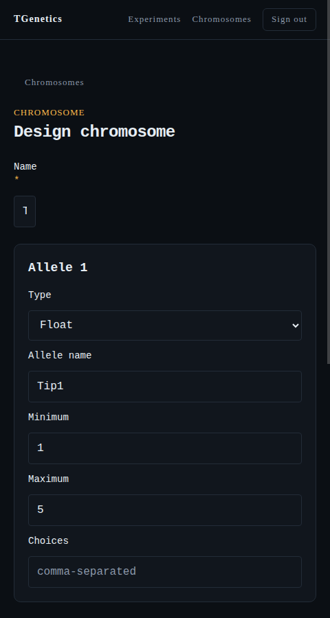 Chromosome designer — typed alleles for Float, Integer, Boolean and Option