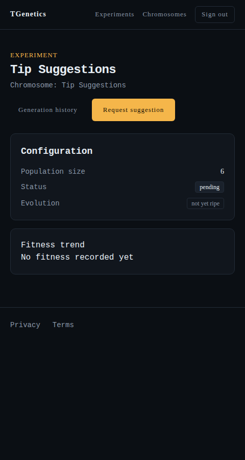 Experiment workspace — configuration, population and fitness trend